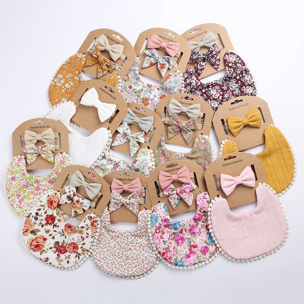 HappyFlute Hemp Cotton Plain&Printing Color Baby Bandana Bibs Headband Set Children's Double Side 0-6years Infant Baby Stuff