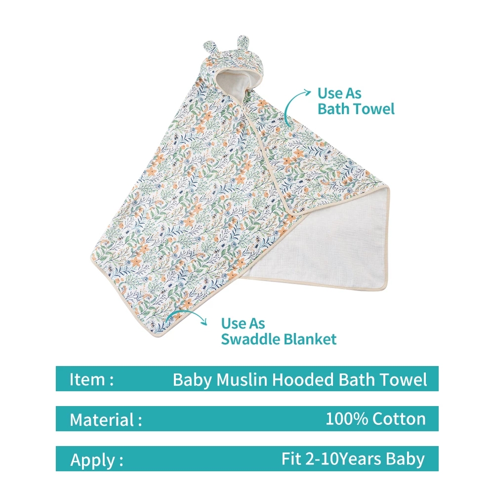 Happyflute Breathable Baby Muslin Hooded Bath Towel Baby Muslin Bibs Fit 2-10 Years Baby Use As Bath Towel And Swaddle Blanket Extra 1% Off