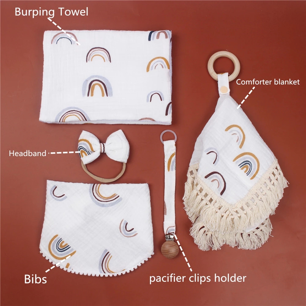HappyFlute 5-piece Set Baby Belch Towel Comforting Tassel Blanket Saliva Towel Pacifier Clip Pendant Baby Hair Band